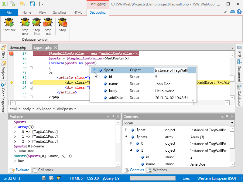 WebCoder 2013 in a PHP debugging session